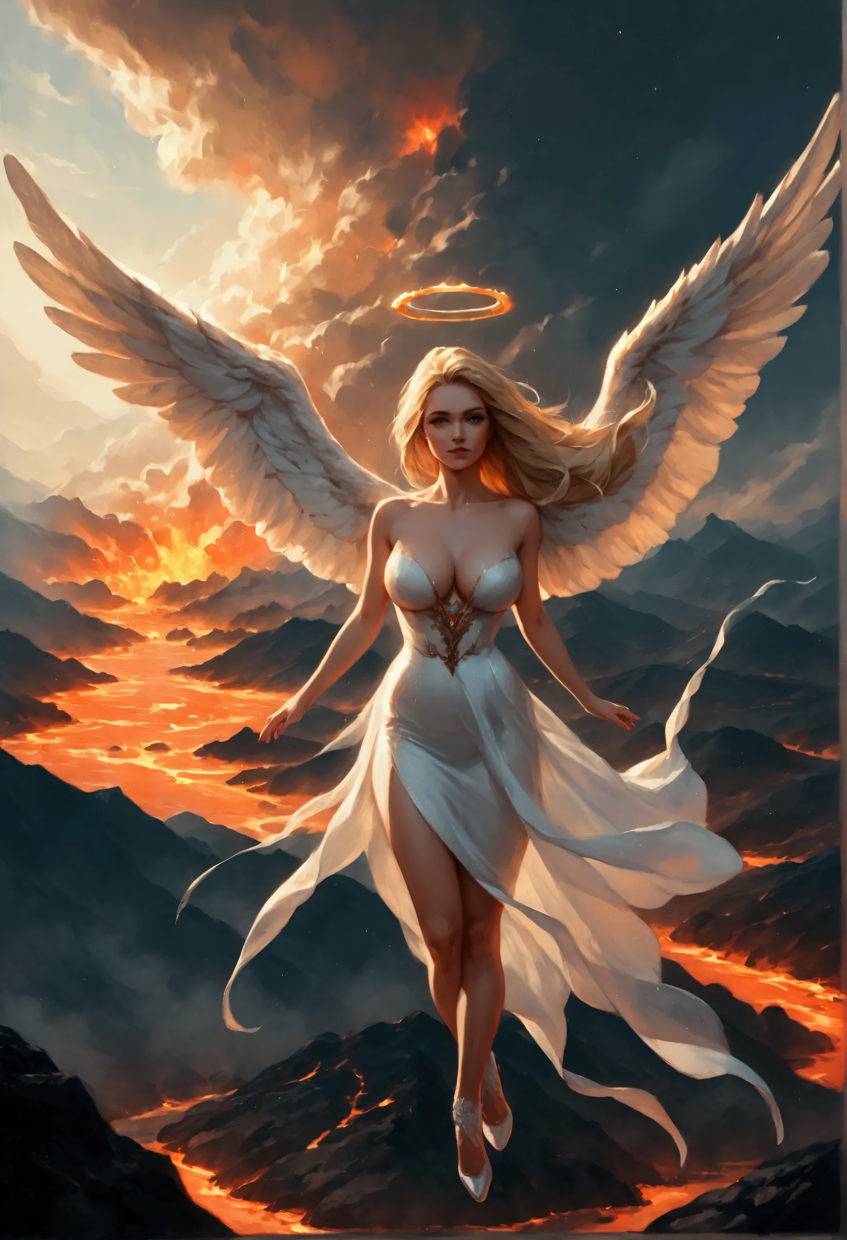 score_9, score_8_up, score_7_up, score_6_up, score_5_up, score_4_up, watercolor art of an angel flying over a volcano, full body shot,  a beautiful angel, spread  wings, dynamic hair color, dynamic hair style, busty, wearing white silk dress, intricate silk, wearing high heels boots, she is flying over the erupting volcano, watching streams of lava,  High Detail, Ultra High Quality, High Resolution, 16K Resolution, Ultra HD Pictures, Ultra Realistic, Clear Details, Realistic Detail, Ultra High Definition, Cinematic Shot