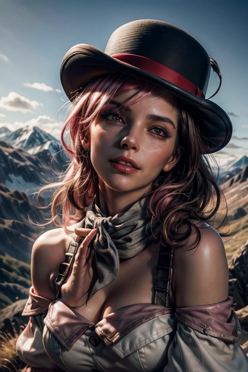 pink and brown hair, multicolored hair, neopolitanatlas, bowler hat, grey scarf, white gloves, white shirt, off-shoulder shirt, black sleeves, midriff, white belt, black skirt, smile, kneeling on a hill, mountain range in the background, cowboy shot, masterpiece, heart shaped face, elegant face, beautiful face, highly detailed face, highly detailed skin, skin pores, subsurface scattering, realistic pupils, looking at viewer, full lips, detailed background, depth of field, atmospheric perspective, volumetric lighting, sharp focus, absurdres, realistic proportions, good anatomy, (realistic, hyperrealistic:1.4), 16k hdr,