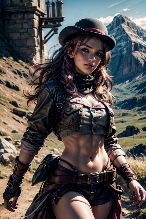 pink and brown hair, multicolored hair, neopolitanatlas, bowler hat, dress, belts, smile, walking on a hill, mountain range in the background, cowboy shot, masterpiece, heart shaped face, elegant face, beautiful face, highly detailed face, highly detailed skin, skin pores, subsurface scattering, realistic pupils, looking at viewer, full lips, detailed background, depth of field, atmospheric perspective, volumetric lighting, sharp focus, absurdres, realistic proportions, good anatomy, (realistic, hyperrealistic:1.4), 16k hdr,