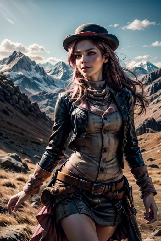 pink and brown hair, multicolored hair, neopolitanatlas, bowler hat, dress, belts, smile, walking on a hill, mountain range in the background, cowboy shot, masterpiece, heart shaped face, elegant face, beautiful face, highly detailed face, highly detailed skin, skin pores, subsurface scattering, realistic pupils, looking at viewer, full lips, detailed background, depth of field, atmospheric perspective, volumetric lighting, sharp focus, absurdres, realistic proportions, good anatomy, (realistic, hyperrealistic:1.4), 16k hdr,