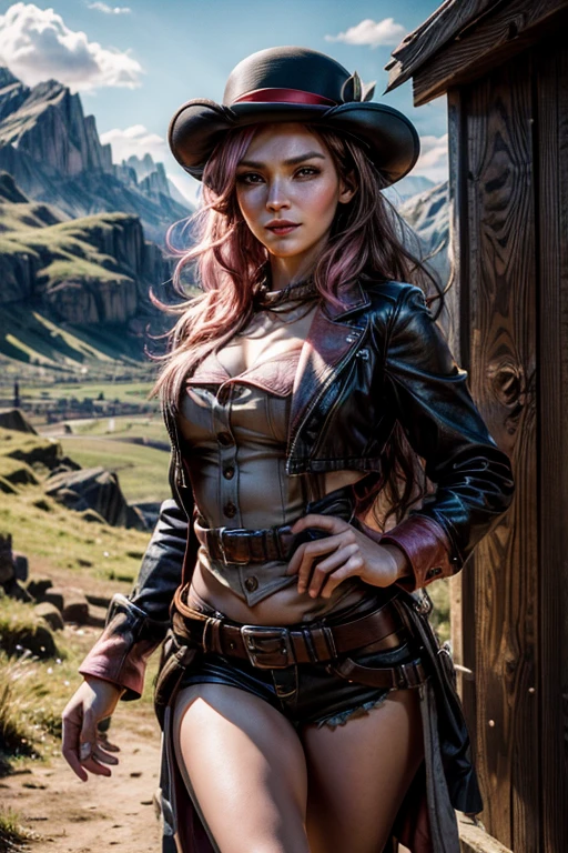 pink and brown hair, multicolored hair, neopolitanatlas, bowler hat, dress, belts, smile, walking on a hill, mountain range in the background, cowboy shot, masterpiece, heart shaped face, elegant face, beautiful face, highly detailed face, highly detailed skin, skin pores, subsurface scattering, realistic pupils, looking at viewer, full lips, detailed background, depth of field, atmospheric perspective, volumetric lighting, sharp focus, absurdres, realistic proportions, good anatomy, (realistic, hyperrealistic:1.4), 16k hdr,