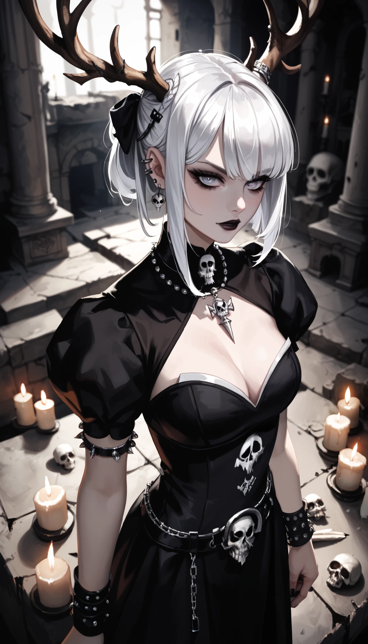  score_4_above,  goth girl ,  ornate black dress , antlers,  White hair with bangs, Ojos rojos, pale skin, Naturaleza, (exceptional composition ), (Dark tones), skulls around , candles, (ruins background )