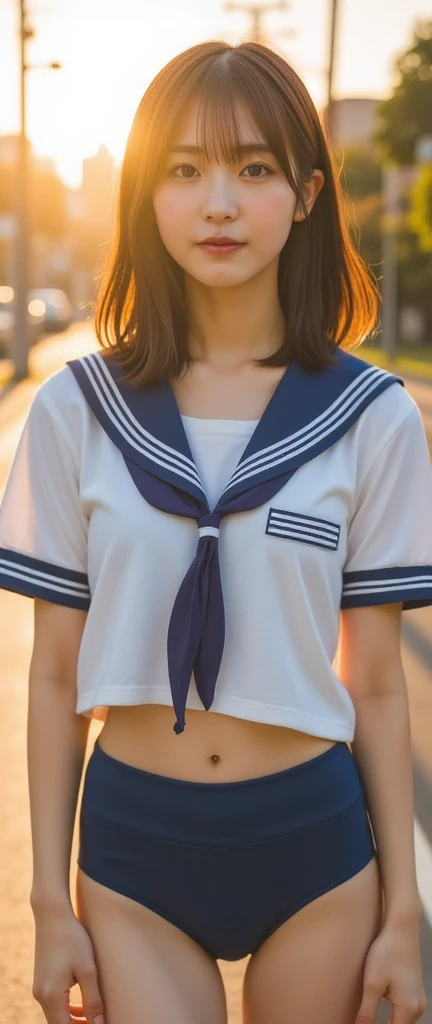  perfect composition on the board, Proper placement, Golden Ratio,  Above Knee Shots ,    beautiful Japanese woman ,  brown hair, Ahoge:1.21,   Brown Eyes  :1.21,  traditional sailor uniform from a prestigious high school in Tokyoの体型 ,   perfect beauty,   flat chested:1.331, Slender body:1.331, Thin limbs:1.331,   thin waist:1.331,  small ass :1.331,   COMPLETE ANATOMY :1.331,   has a small head :1.331,    traditional sailor uniform from a prestigious high school in Tokyo,   white uniform,  short sleeve sailor suit:1.21,  will be Fuku:1.21, Sailor suit top:1.21, Underneath are panties:1.21, Navy blue silk panties:1.21,  perfect beauty, In closed schools, The sunset is shining:1.21, Dust, steam,  emotional and dynamic cinematic lighting , 