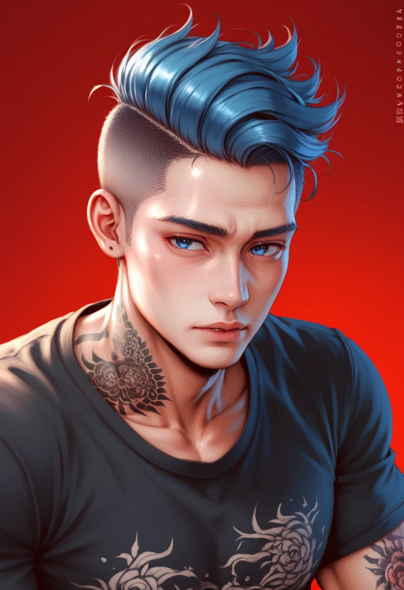 (masterpiece, illustration, best quality:1.2), detailed, intricate, 8k, HDR, cinematic lighting, sharp focus, red background, handsome man, black t-shirt, hairstyle undercut blue hair, white skin, detail eyes, wearing traditional Japanese tattoos on his hands, wearing a traditional Japanese tattoo on the neck, masculine guy