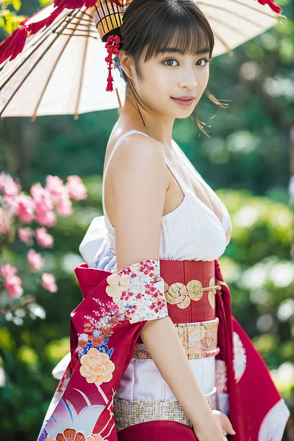 araffe asian woman in  kimono with umbrella and cherry blossoms, japanese goddess, in  kimono, japanese model, in a  kimono, beautiful asian girl, gorgeous chinese model, asian girl, wearing  kimono, elegant japanese woman,  kimono, japanese woman, Middle Yuan Festival, traditional beauty, japanese, beautiful asian woman, asian hyperdetailed, oppai, sexy girl,(big breast, highlight cleavage:1.4),( red kimono,White Line, beautiful kimono:1.2)