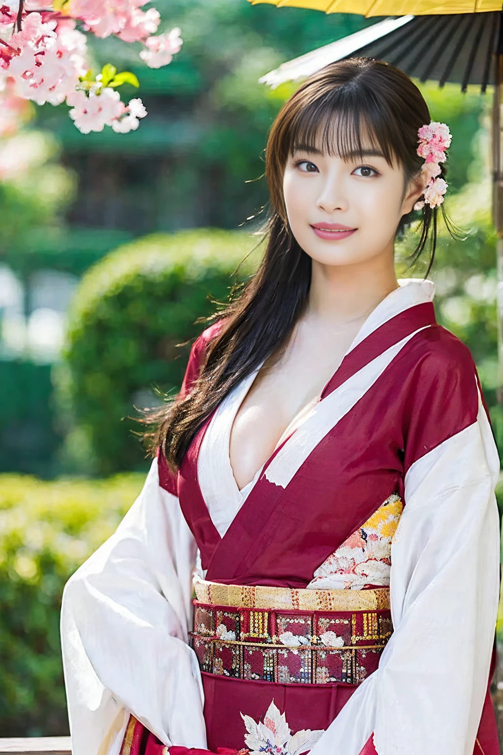 araffe asian woman in  kimono with umbrella and cherry blossoms, japanese goddess, in  kimono, japanese model, in a  kimono, beautiful asian girl, gorgeous chinese model, asian girl, wearing  kimono, elegant japanese woman,  kimono, japanese woman, Middle Yuan Festival, traditional beauty, japanese, beautiful asian woman, asian hyperdetailed, oppai, sexy girl,(big breast, highlight cleavage:1.4),( red kimono,White Line, beautiful kimono:1.2)