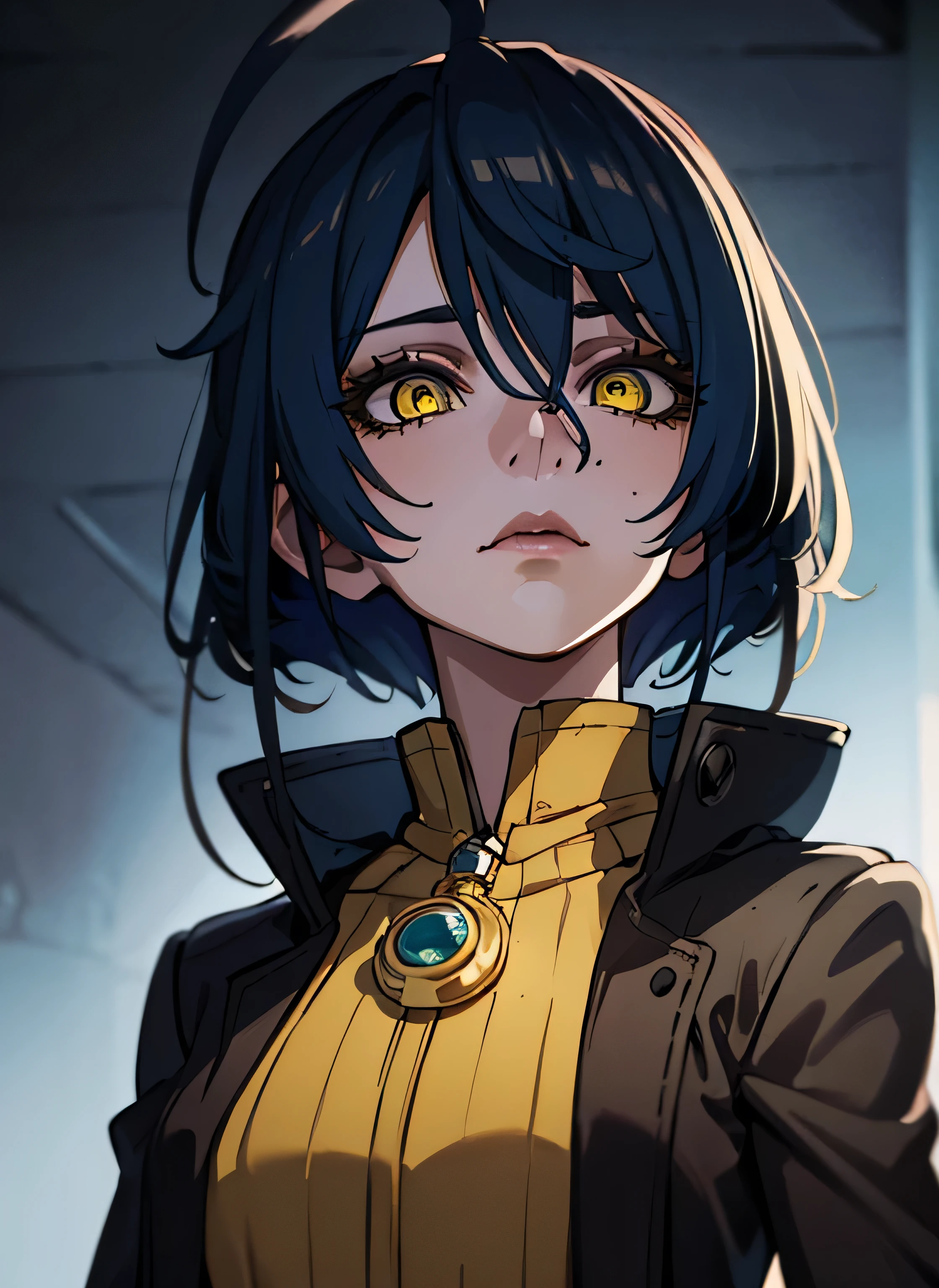 a woman with blue hair and a black jacket, beautiful natural lighting, yellow eye, pretty clothing!, 1 9 th, natural short hair, beautiful goddess, sultry look, light borwn hair, wear's beige shirt, morning light, looking exhausted, ultra detailed, best quality, expressive eyes, perfect face,