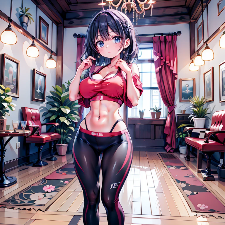 redhead, tanned skin, medium breasts, thick ass, black sports bra, black and white dolphin running shorts, black star shaped earrings, long ponytail, full body shot