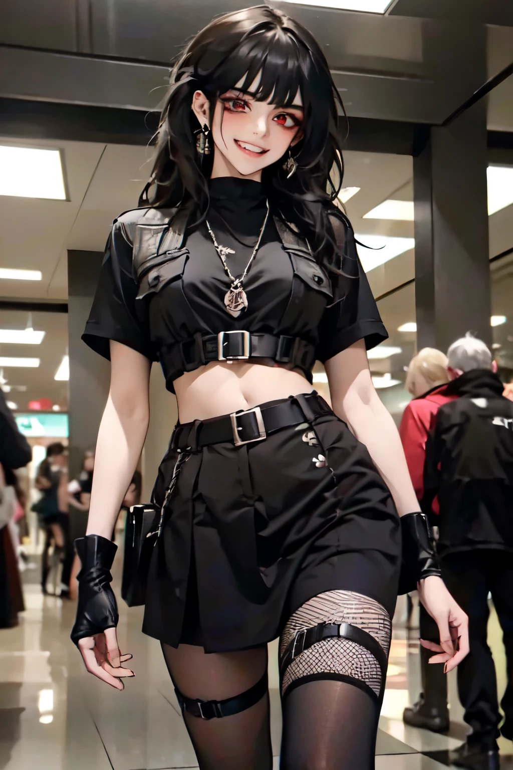 (masterpiece, best quality:1.2), 1girl, solo , emel , fishnet legwear , pantyhose , chain , hair bangs , midriff , black hair , red eyes  , , O-ring , thigh strap , leg belt , mall , indoors , crowded place , flower , , asymmetrical dress , smirk , grin , , teeth , smile , long hair , techwear outfit , jewellery , large breast , evil grin , open mouth , tongue out , licking , short sleeves , 