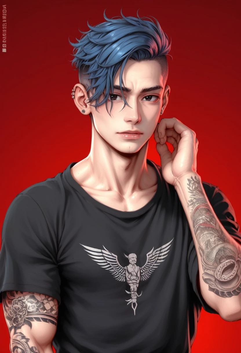 (masterpiece, illustration, best quality:1.2), detailed, intricate, 8k, HDR, cinematic lighting, sharp focus, red background, handsome man, black t-shirt, hairstyle undercut blue hair, white skin, detail eyes, wearing traditional Japanese tattoos on his hands, wearing a traditional Japanese tattoo on the neck, masculine guy, pierced ears, black eyes