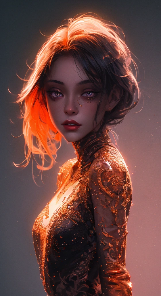 a young woman with fiery skin, isolated on a dark background, 4K resolution, ultra-detailed, photorealistic, dramatic lighting, cinematic, fantasy, digital art