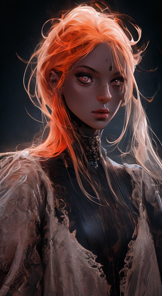 a young woman with fiery skin, isolated on a dark background, 4K resolution, ultra-detailed, photorealistic, dramatic lighting, cinematic, fantasy, digital art