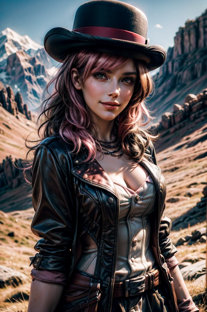 pink and brown hair, multicolored hair, neopolitanatlas, bowler hat, dress, belts, smile, walking on a hill, mountain range in the background, cowboy shot, masterpiece, heart shaped face, elegant face, beautiful face, highly detailed face, highly detailed skin, skin pores, subsurface scattering, realistic pupils, looking at viewer, full lips, detailed background, depth of field, atmospheric perspective, volumetric lighting, sharp focus, absurdres, realistic proportions, good anatomy, (realistic, hyperrealistic:1.4), 16k hdr,