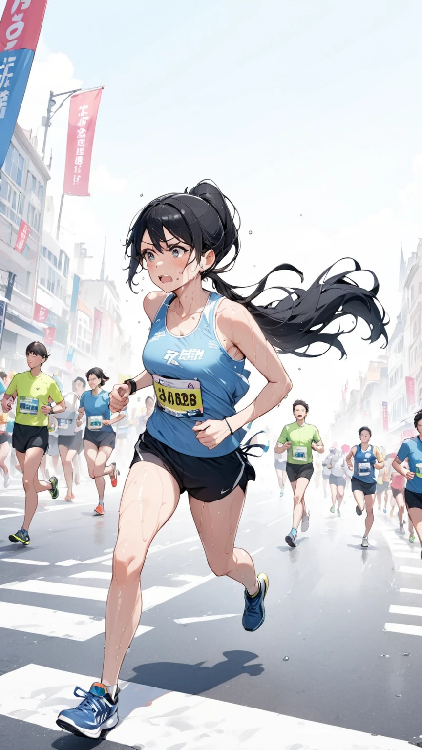 Black hair, ponytail, marathon, sweaty,