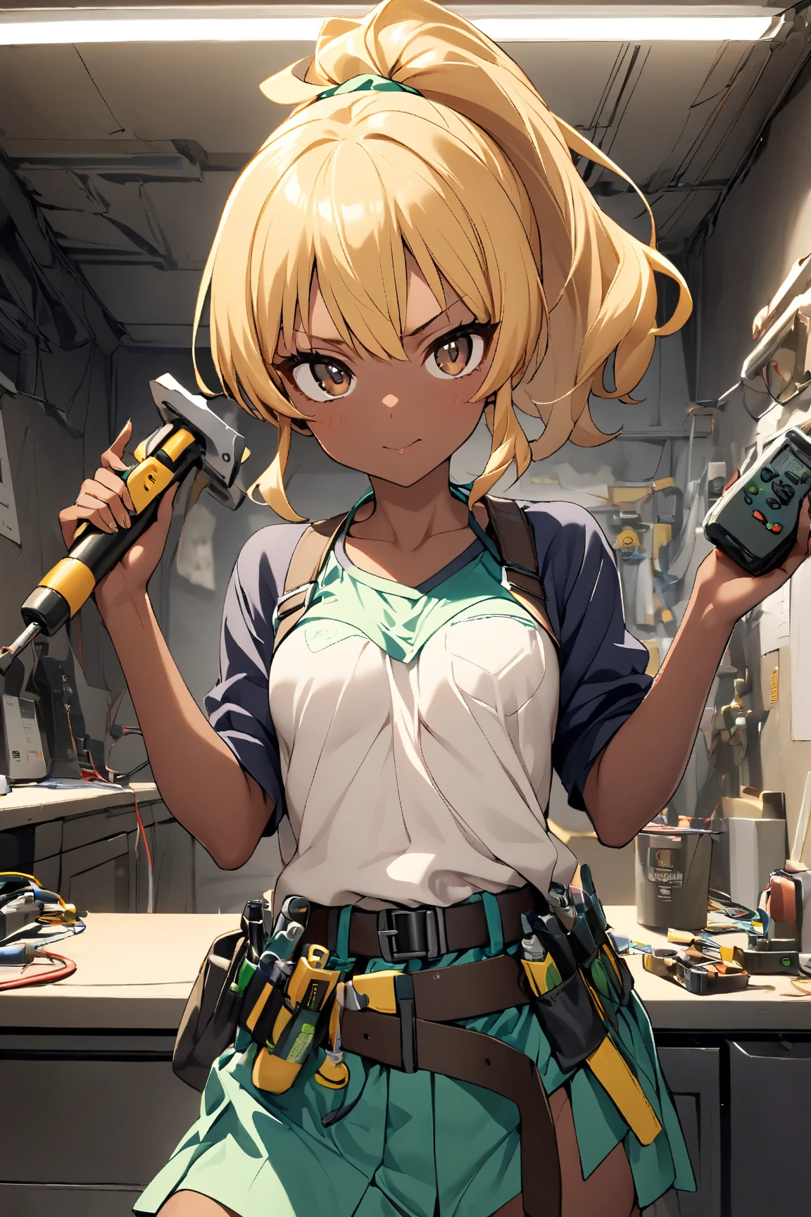  1 girl doing electrical work　,　I wear a lot of tools on my waist belt ,  ピンク色のツールベルト. glossy brown skin, small breasts,  video ,Yellow Hair, ponytail