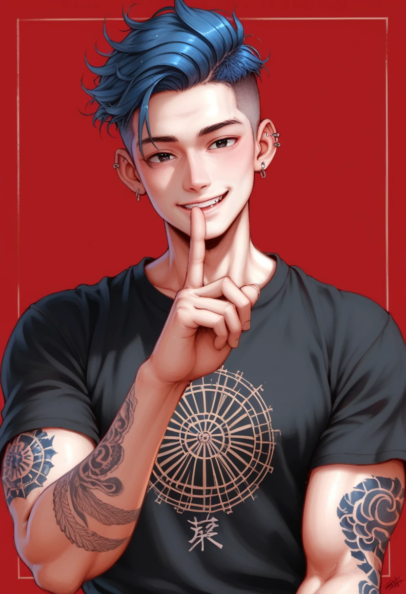 (masterpiece, illustration, best quality:1.2), detailed, intricate, 8k, HDR, cinematic lighting, sharp focus, red background, handsome man, black t-shirt, hairstyle undercut blue hair, white skin, detail eyes, wearing traditional Japanese tattoos on his hands, wearing a traditional Japanese tattoo on the neck, masculine guy, pierced ears, black eyes, peaceful finger pose, smiling kindly