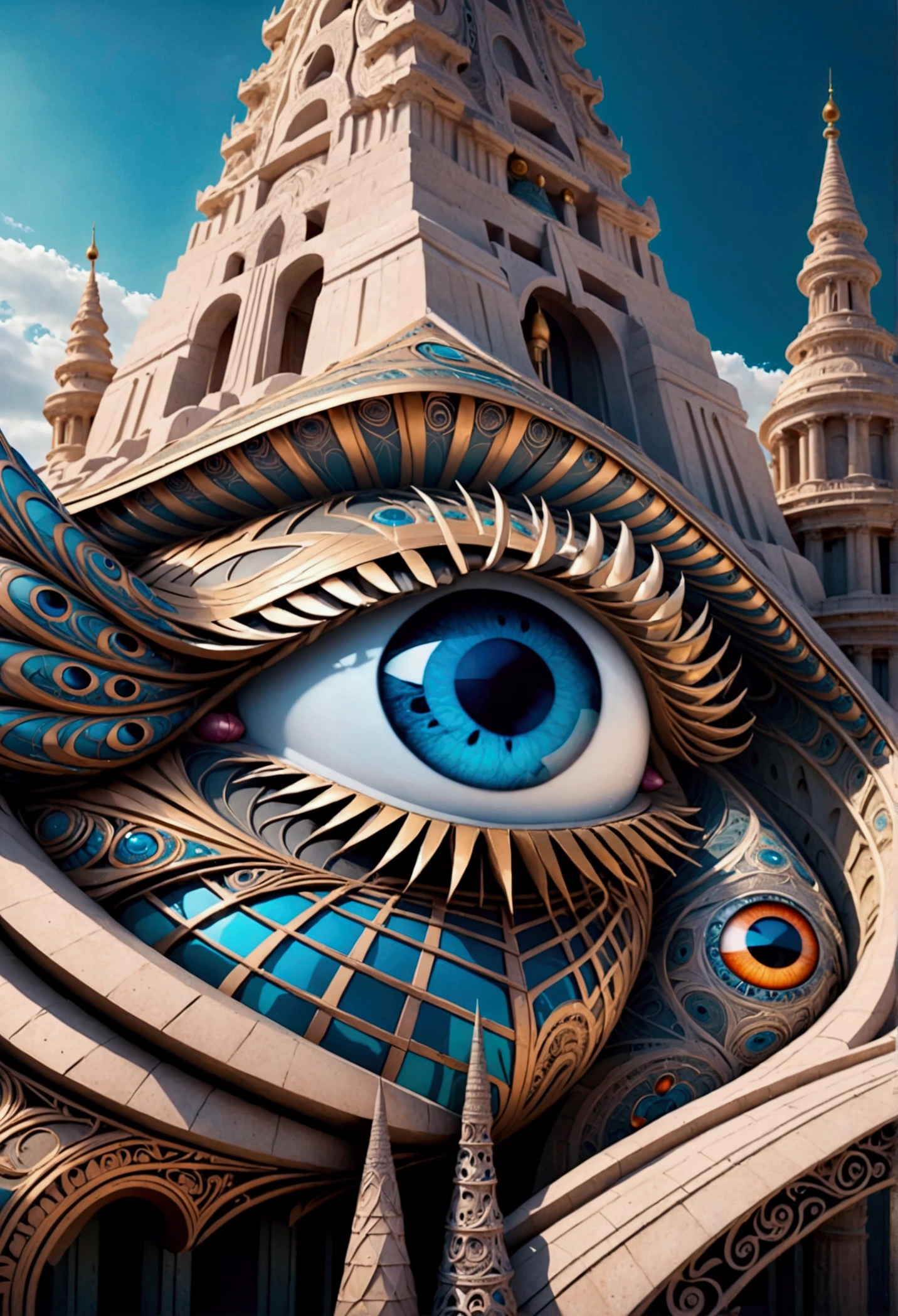 Abstract illustrations on monuments referring to eyes as if it had been made by AI