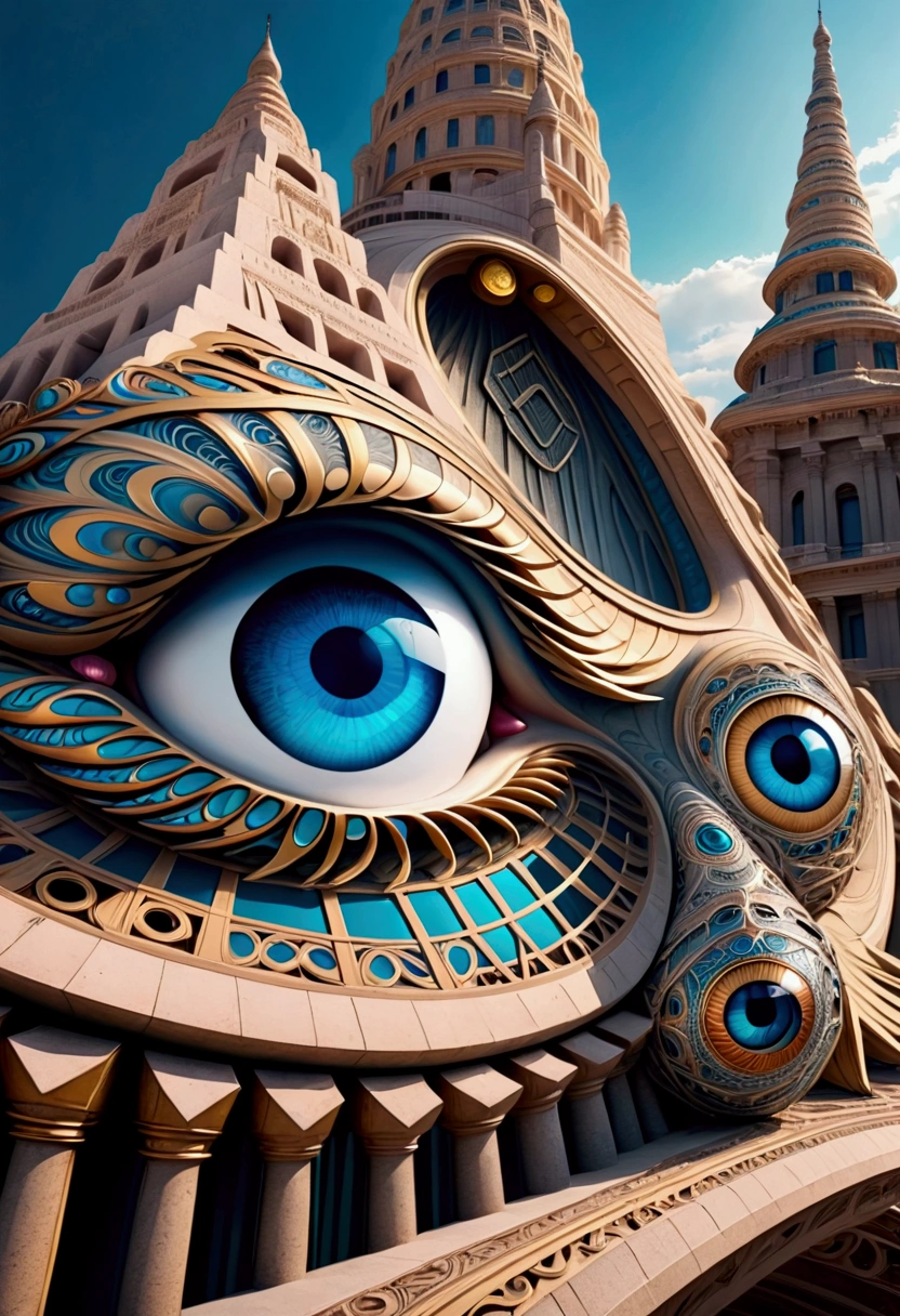 Abstract illustrations on monuments referring to eyes as if it had been made by AI