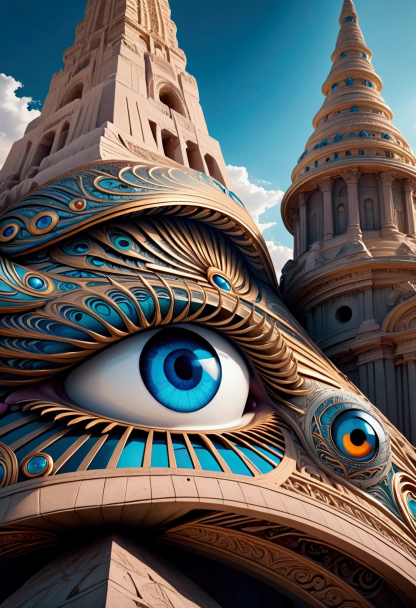 Abstract illustrations on monuments referring to eyes as if it had been made by AI