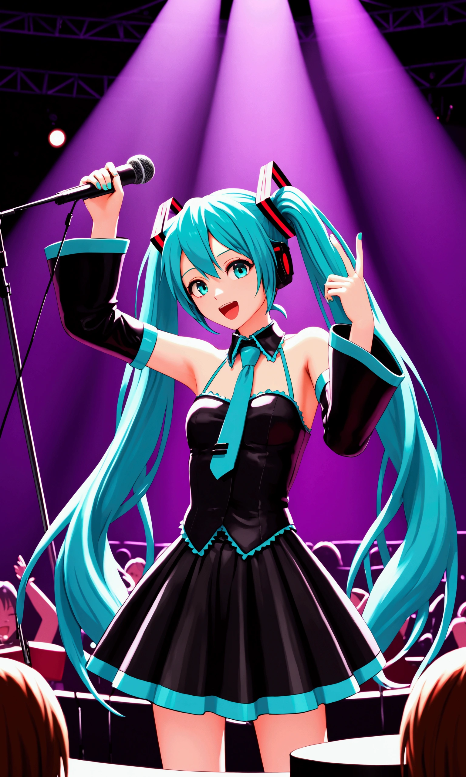 hatsune miku, vocaloid, twintails, aqua hair, aqua eyes, concert, singing, high quality, 4k, 8k, masterpiece