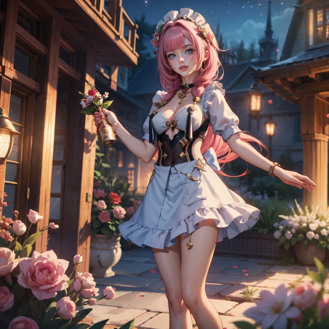 (8k, RAW photo, best quality, masterpiece:1.2),((masterpiece, best quality)), 1girl, flower, solo, dress, holding, sky, cloud, hat, outdoors, bangs, bouquet, rose, expressionless, blush, pink hair, flower field, red flower, pink eyes, white dress, looking at viewer, midium hair, holding flower, small breasts, red rose, holding bouquet, sun hat, white headwear, depth of field