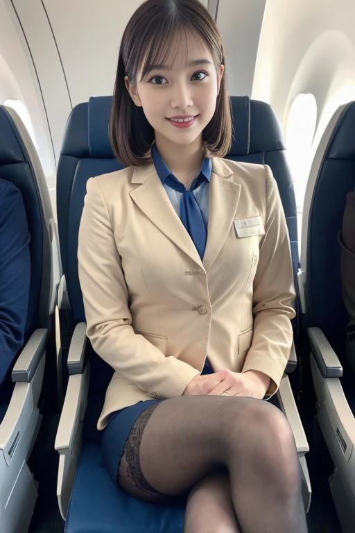 masterpiece, stewardess, temptation, short skirt, smile, stewardess, long brown hair, on the plane seat, breasts,