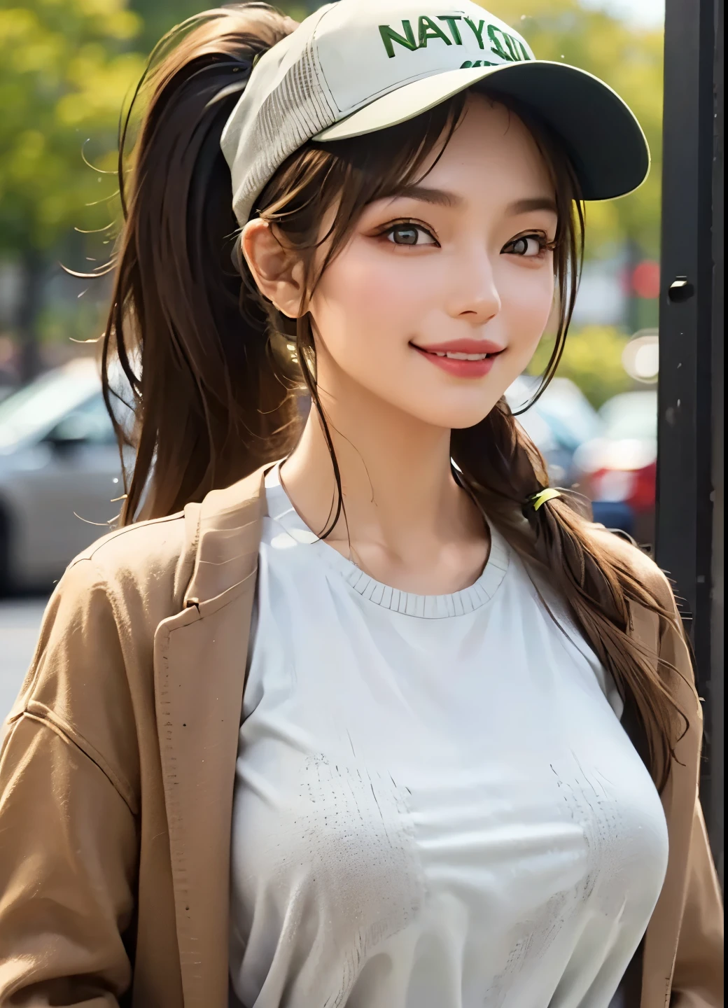 Female((30-years old)), hair((straight, Golden brown)), Eyes((smart Eyes, Green)), knit Clothes(New York Fashion Week, light gray), Smiling, Breast Out, Ponytail, Accessories, baseball cap, covered nipples