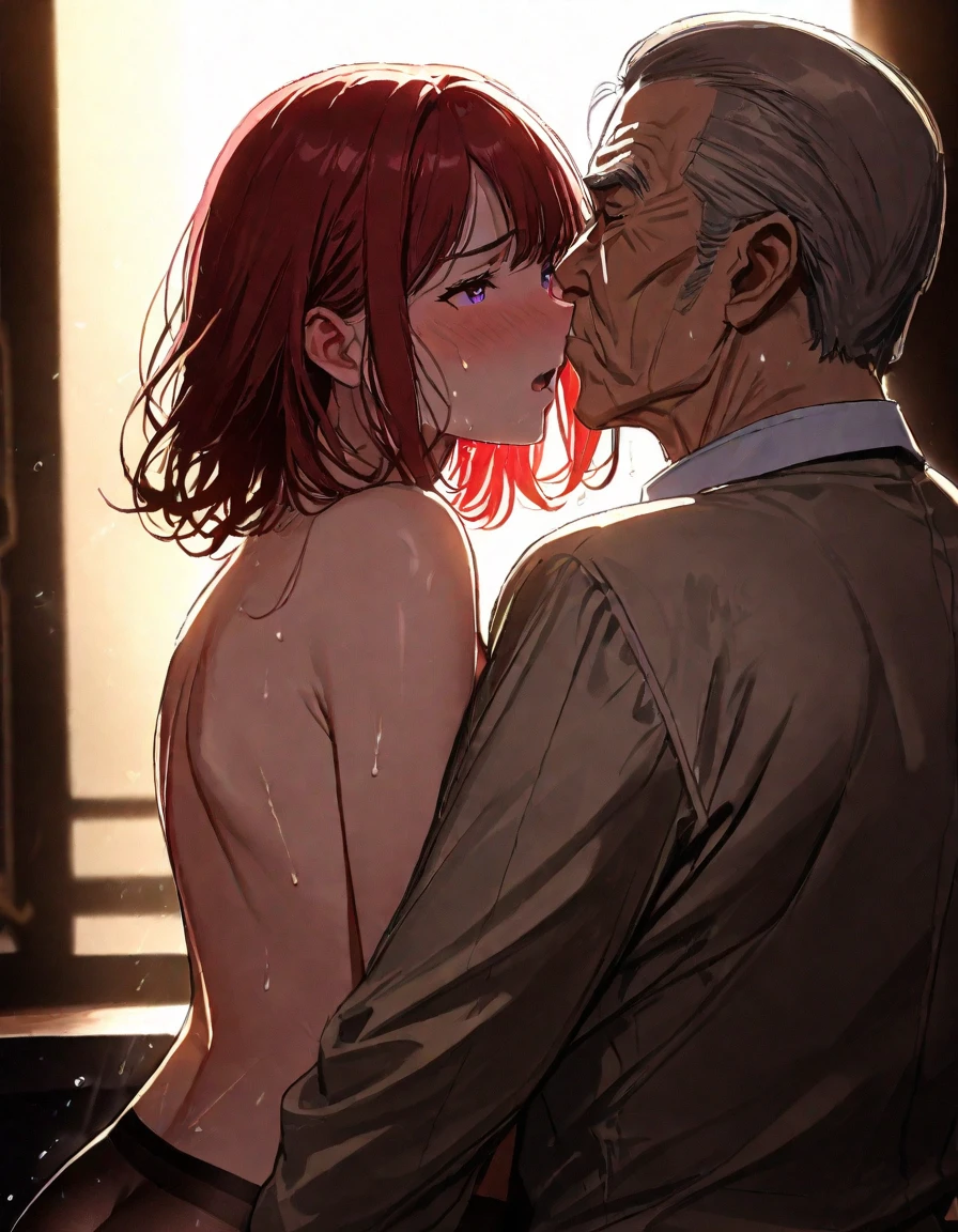 girl, sex, old male under girl, old man hug girl, old man kiss girl, face to face,best quality, very aesthetic, ultra-detailed, best illustration nsfw, sweat, steam, female ,1girl, (lightcoral eyes:0.8),red hair, handsome short hair ,black pantyhose((Photographic portrait of beautiful women)),(((back lighting))),at night