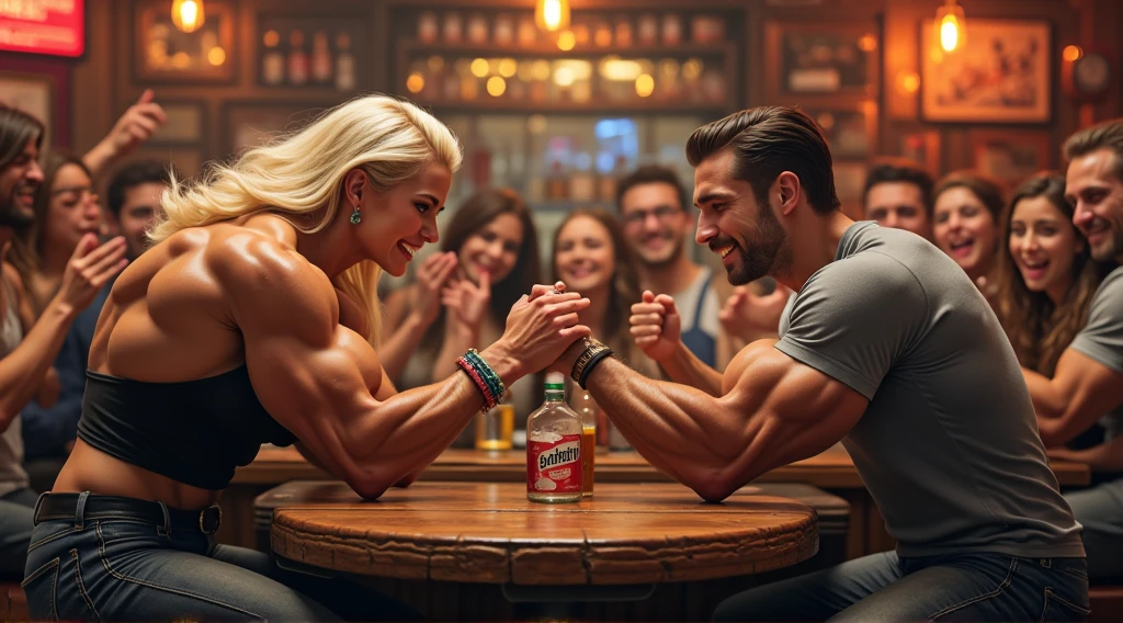 masterpiece, 8k, high resolution, best quality, ultra detailed), 1 man and a woman in a single photo. The man is looking at the woman, he is very tall, bodybuilder, huge and exaggerated muscles, hot, perfect elongated face, handsome, bald, deep and detailed eyes, bald, shaved head, perfect body, 30 years old, muscular, very tall, pale skin, very white skin, very tall (he is around 6 feet 5 inches, very muscular, large pectorals, large shoulders, well-defined abs, smiling, attractive, winning, he is a model, his dress is casual, he has blue tennis shoes, pants black short and red shirt, daytime scene that has a dynamic shine and sun, He is sitting on a chair in a fruit market looking at the woman. The man is taller than the woman. The woman: Full body photo from head to. toe, Both arms are crossed behind the head, one leg is slightly bent, voluptuous big butt, big G cup breasts, narrow waist, beautiful breasts, highlighting cleavage, Magenta small floral panties and bra, wearing pumps, garter belt, face looks super realistic, sensual, very dark makeup, pink lipstick, honey blonde hair, ice blue eyes, style raw and weighs approximately 150 pounds.