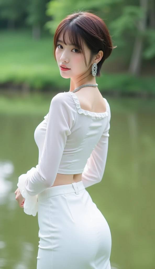 19 years old 、bangss、(((白いスカートと白いシャツ)))、Medium milk, cute  face、(Butt sticking out pose)、(turned around)、sexy hips、Parks with lakes、Big necklace、earrings、Photos showing the whole body((Short Hair))