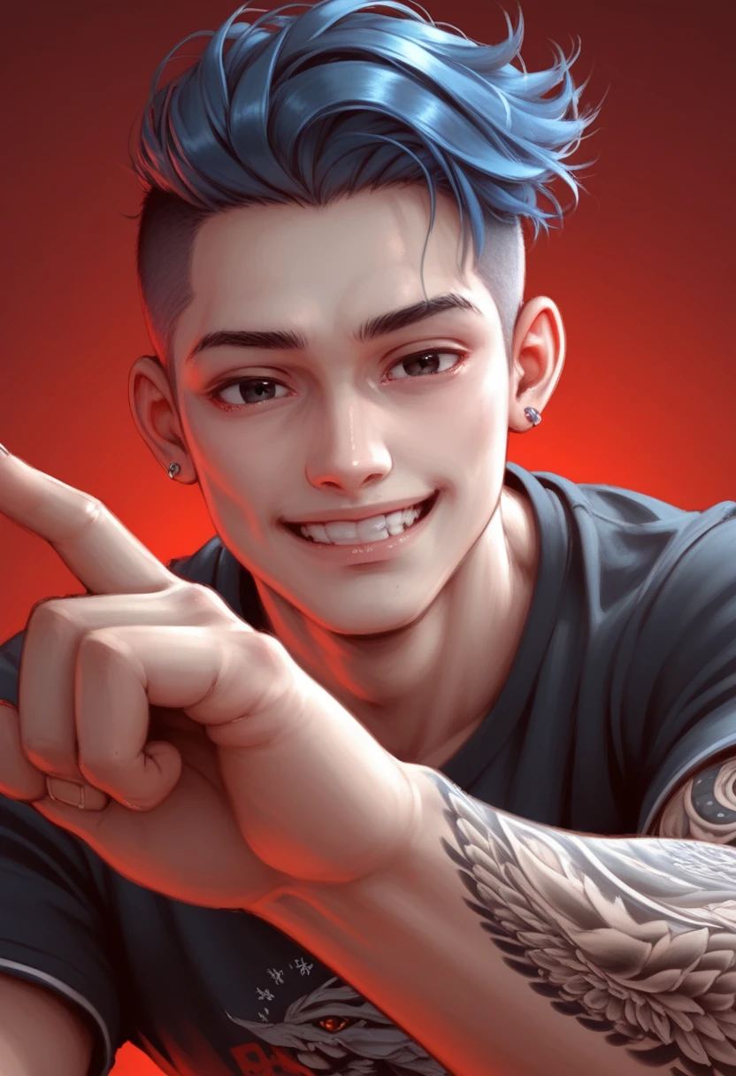 (masterpiece, illustration, best quality:1.2), detailed, intricate, 8k, HDR, cinematic lighting, sharp focus, red background, handsome man, black t-shirt, hairstyle undercut blue hair, white skin, detail eyes, wearing traditional Japanese tattoos on his hands, wearing a traditional Japanese tattoo on the neck, masculine guy, pierced ears, black eyes, peaceful finger pose, smiling kindly