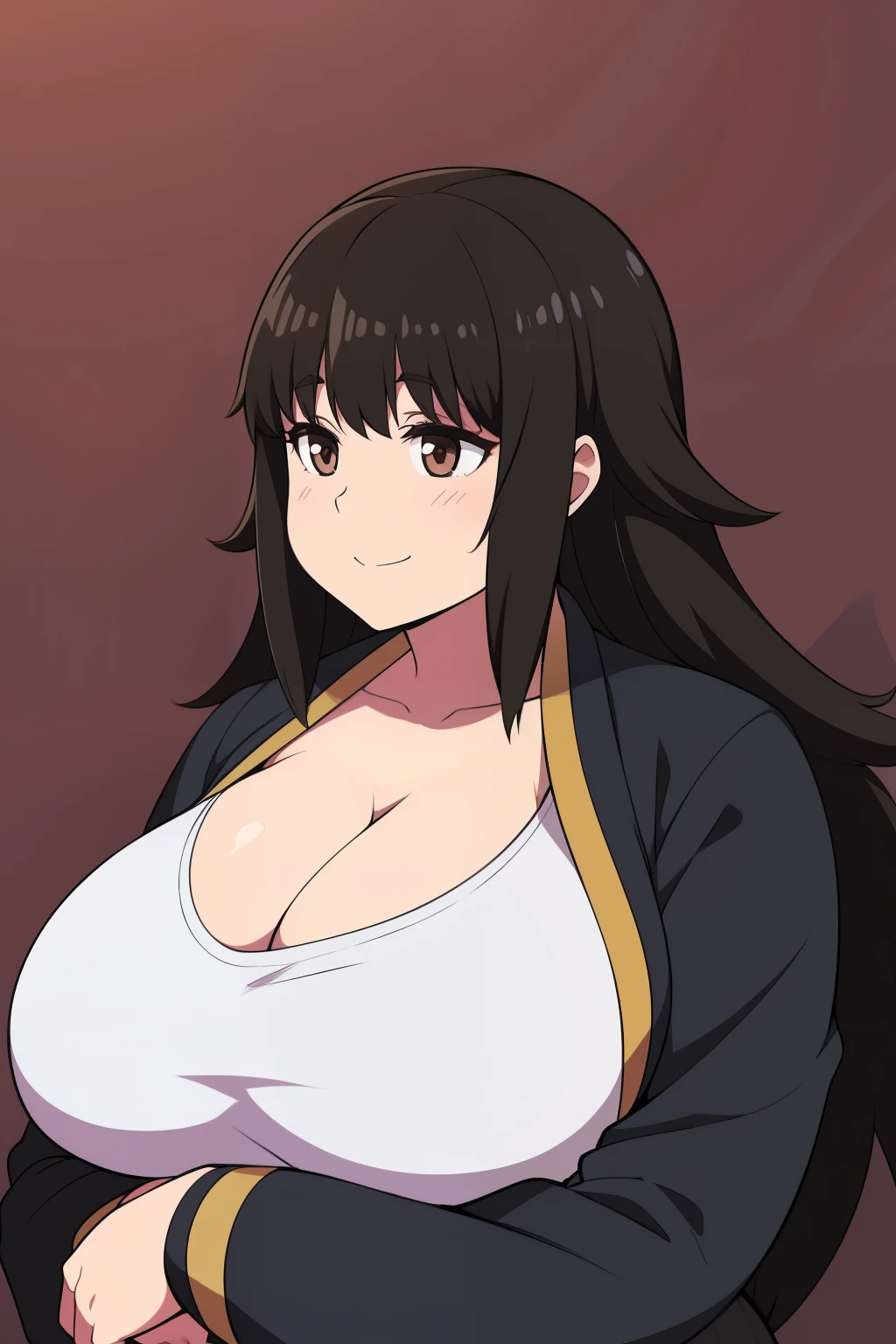 Chubby girl with big breasts black hair brown eyes happy long messy hair smiling Jinako Carigiri black clothes