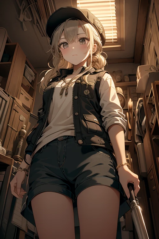 Anime Kawaii sexy Perfect Slim sensual body large breast and huge thighs, An intricate and highly detailed illustration of anime (Young girl). ultra high resolution, work of art, 1 girl, standing alone, Irina JelavićR4, blonde body hair, blue colored eyes, :d, expressive eyes, face perfect, large breasted, large breasted, small waist, perfect figure, highy detailed, showing cleavage, dressed like lara croft, full - length portrait, shorts marrons, coldre de arma de cinto, Petrol-blue spandex top, brown hiking boots, shorts marrons, dark shorts marrons, short shorts, teal-green top, exposed middle section, far away_body hair, へそ, avo_gura, holding aiming two pistols with both hands, pointing weapons at the spectator, ssmile, standing alone, (fund: Inside the house, concrete corridors, inside a bunker, pipes nearby)