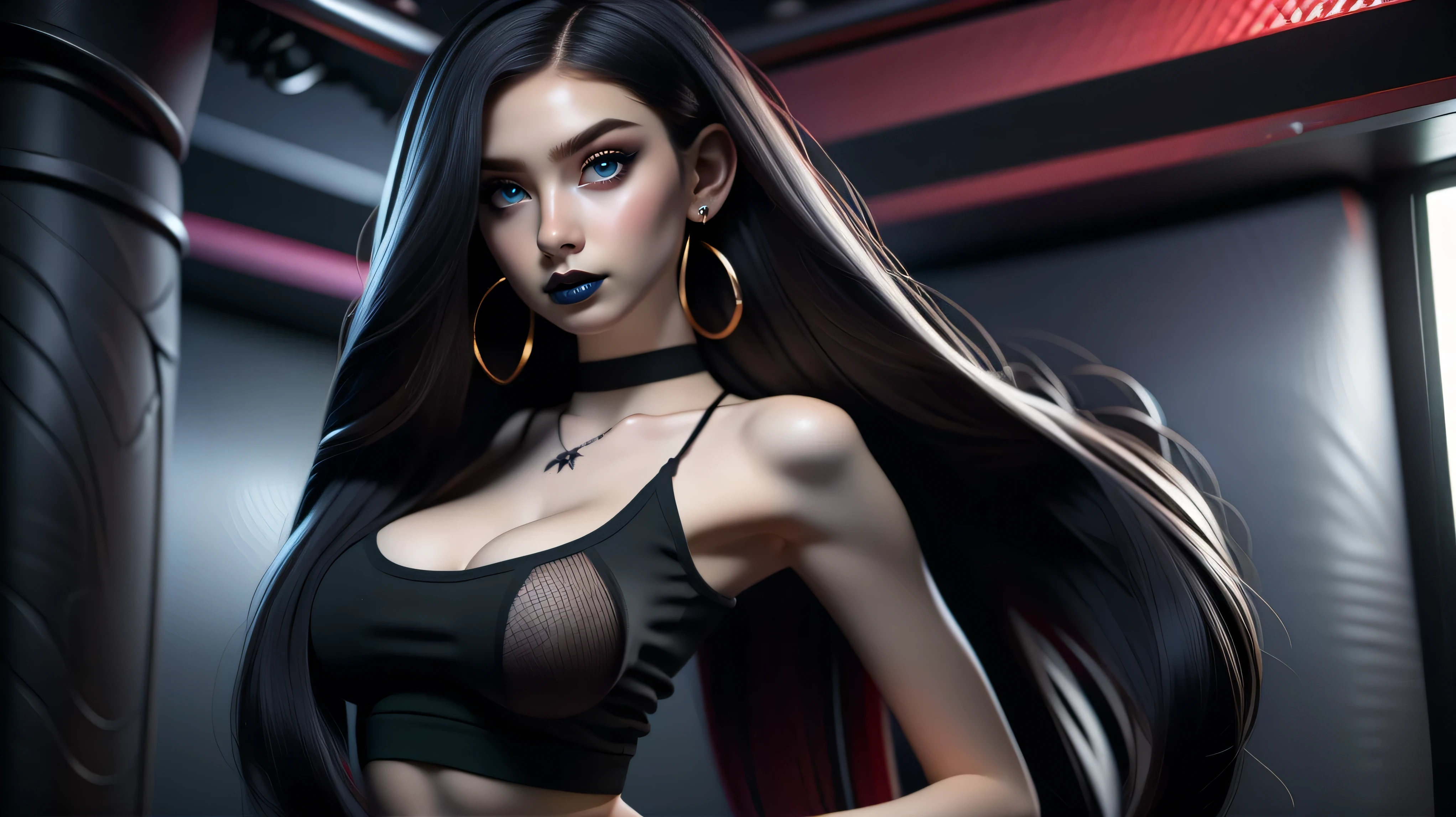 Best quality, 3d rendering work, 3DMM style, Close-up, Portrait,3D, 1girll, only, Black hair, earrings, looking at the camera, Realistic, Thin hips, Full body, thigh to head shot, ((sexy)), ((goth)), (panties), standing in front of a nightclub, city street, bangs, looks away, Long straight black hair, full lips, choker necklace, Makeup, (Green eyes), Tifa Lockhart, (round breasts, full breasts), (Medium breasts: 1.1)