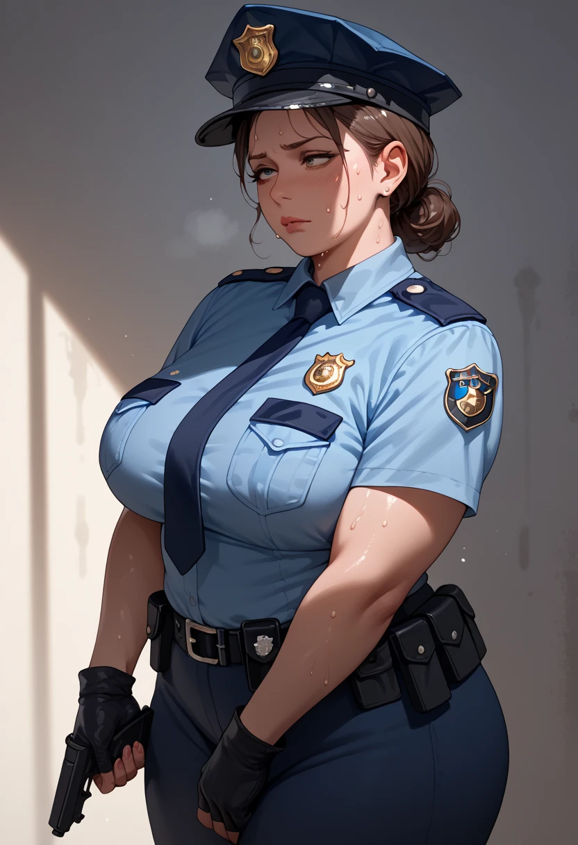 policewoman, police uniform, sweatybody, masterpiece, shadows, mature female, plump, sweaty body