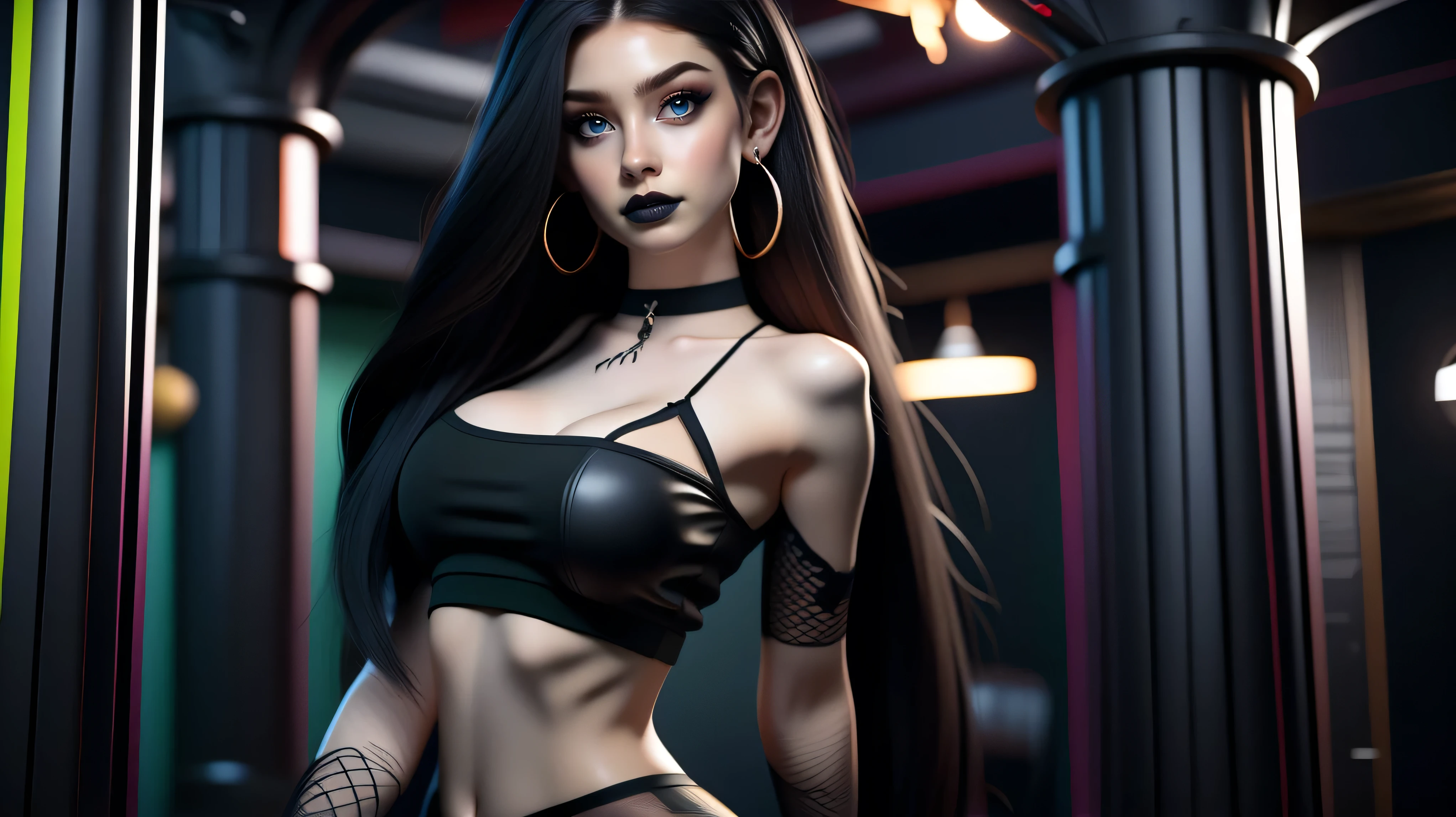 Best quality, 3d rendering work, 3DMM style, Close-up, Portrait,3D, 1girll, only, Black hair, earrings, looking at the camera, Realistic, Thin hips, Full body, thigh to head shot, ((sexy)), ((goth)), (panties), standing in front of a nightclub, city street, bangs, looks away, Long straight black hair, full lips, choker necklace, Makeup, (Green eyes), Tifa Lockhart, (round breasts, full breasts), (Medium breasts: 1.1)