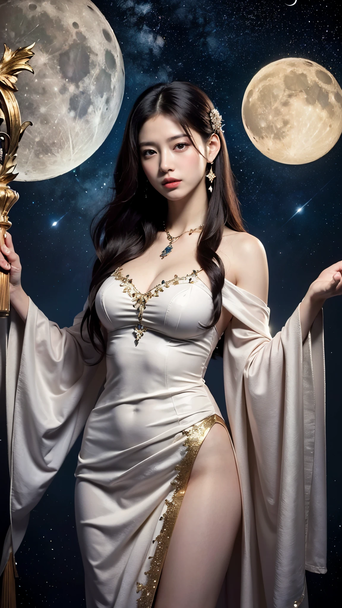 (masterpiece,Super detailed,8K,highest quality:1.5),((So cute)),best image quality, Two-dimensional beauty,semi-long,(amount:1.3),(brown hair,brown eyes:1.3),sensual figure,intricate details,(cave,moonlight:1.3),(She is wearing a fantastic long robe in brown and siriton colors all over her body.。.),jewelry,(crescent moon earrings:1.3),bare shoulders,beautiful and delicate hands,Sitting with your knees closed,comb hair