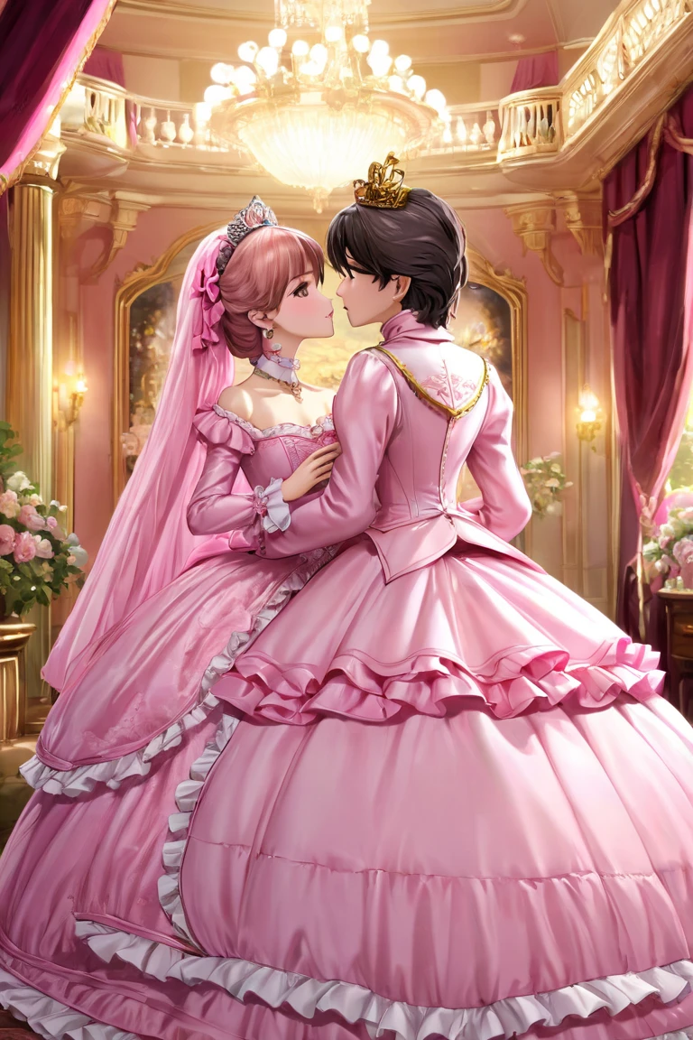 highest quality, masterpiece, highest resolution, artwork, super それにget used to it, many get used to it, get used to it, それにget used to it, woman, ************,the two girls are princesses,((pink victorian voluminous ball gown dress)),long sleeve,long dress,A dress with lots of frills and ribbons...Wearing a tiara on her head,luxury,two people kiss,  