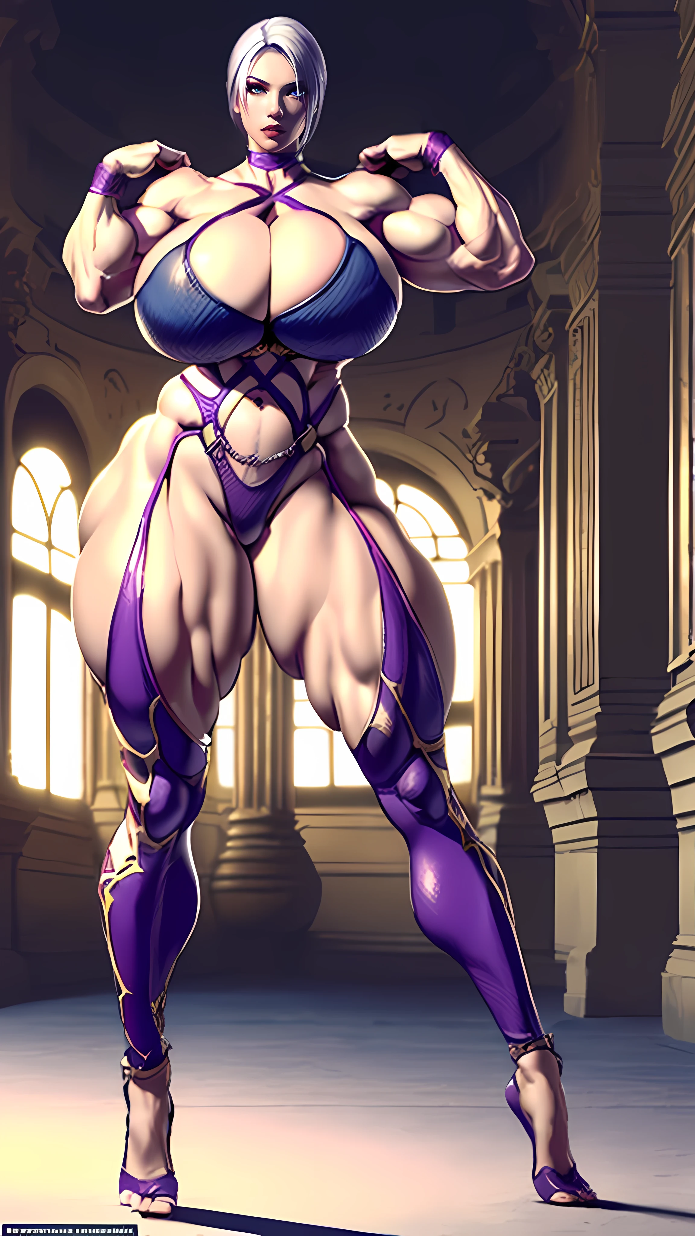 Highest quality, 4K, ((Full Body)), Ivy Valentine from Soul Calibur, ((TALL)), (((Sexy pose:1.5))) in (((coliseum arena))), erotic attire, Long Legs, ((Wide Hips)), Narrow waist, (((MASSIVE FEMALE BODYBUILDER:1.2))), ((MASSIVE BREASTS:1.5)),