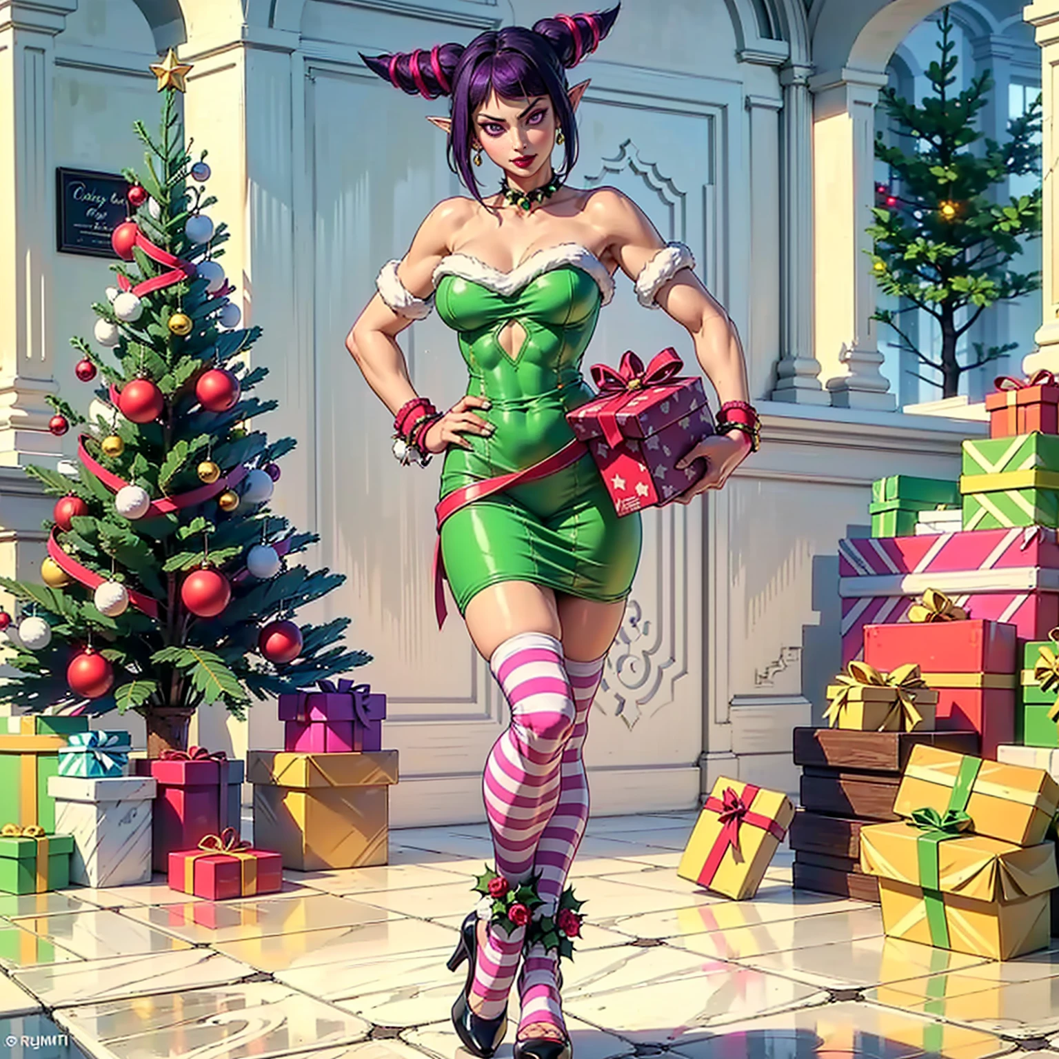 Single Anime female, Short, Long white hair, wolf ears, wolf tail, blue eyes, wearing short denim shorts, thigh high fishnets, black combat boots, wearing fur lined open pink jacket, flat chest, super flat chest, wearing cropped t-shirt, solo thicc thighs, wide hips, blue eyes, perfect eyes, perfect face, (((wearing santa hat)))