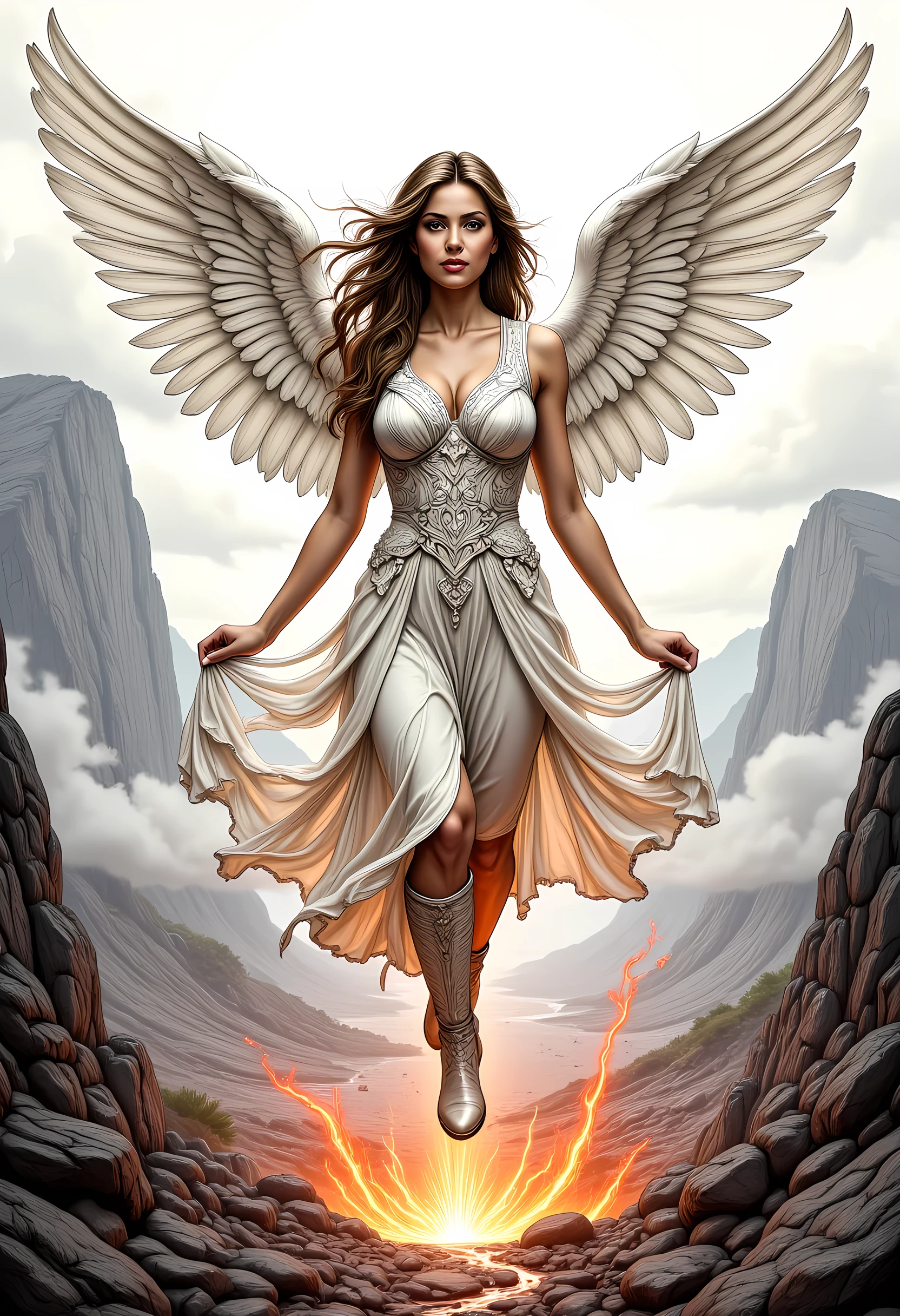 watercolor art of an angel flying over a volcano, full body shot,  a beautiful angel, spread  wings, dynamic hair color, dynamic hair style, busty, wearing white silk dress, intricate silk, wearing high heels boots, she is flying over the erupting volcano, watching streams of lava,  High Detail, Ultra High Quality, High Resolution, 16K Resolution, Ultra HD Pictures, Ultra Realistic, Clear Details, Realistic Detail, Ultra High Definition, Cinematic Shot, hyp3rd3tail style