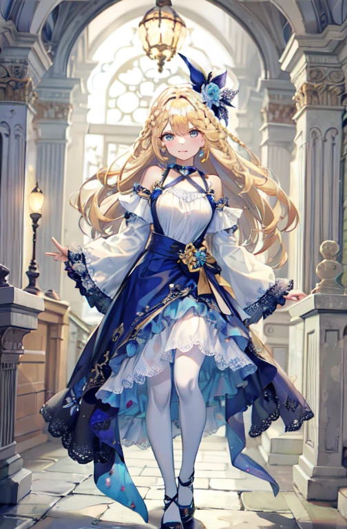 Love theme ,   super detailed,  Masterpiece  ,  top quality,, Alone,  Friendly Smiles ,  light smile ,
 1 girl,  blue eyes,  very long hair,  blonde hair , long  blonde hair ,  French braid , bangs,  medium chest ,,  hair ribbon, Frill Choker, criss-cross halter,  sleeveless dress,  high waist skirt,  Backless Dress , Waist Bow ,  detached sleeves, Ruffle sleeves,  WIDE SLEEVE ,  pantyhose, Patterned Legwear, mary janes,