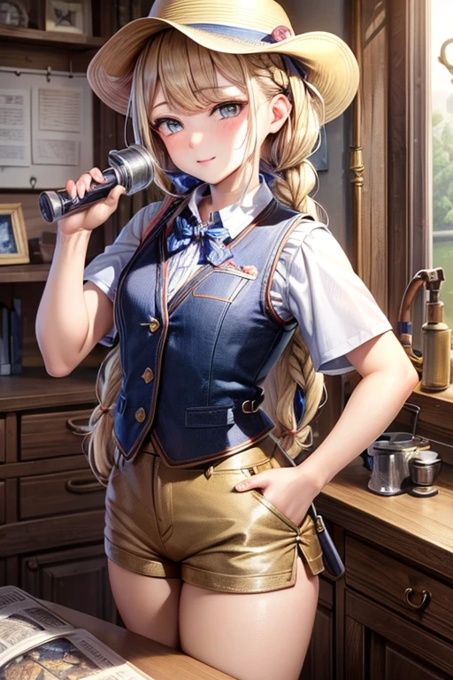 masterpiece, highest quality, Very detailed, 16k, Ultra-high resolution, Cowboy Shot, One  girl, Detailed face, Perfect Fingers, Golden Eyes, Blonde, Braid, A vest with many pockets, Shorts, Exploring knife, Safari Hat, compass, telescope, map, A cluttered room with lots of small items, Organizing tools