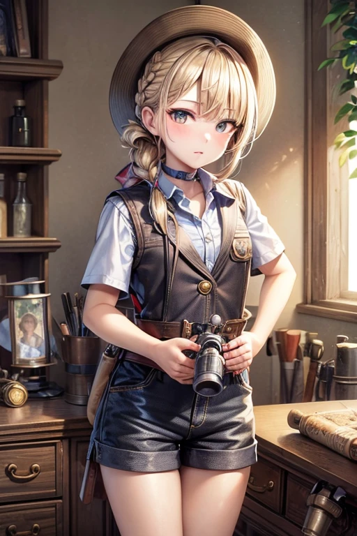 masterpiece, highest quality, Very detailed, 16k, Ultra-high resolution, Cowboy Shot, One  girl, Detailed face, Perfect Fingers, Golden Eyes, Blonde, Braid, A vest with many pockets, Shorts, Exploring knife, Safari Hat, compass, telescope, map, A cluttered room with lots of small items, Organizing tools