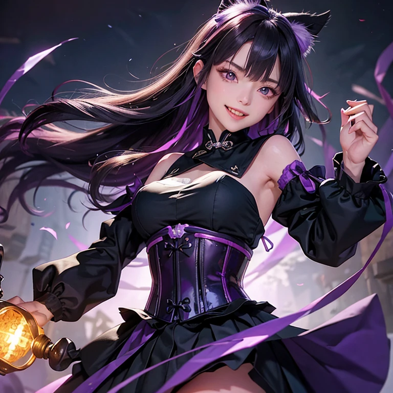 1girl, shikoku, purple slit pupils, hair bow, black dress, green shoulder guards, waist corset, skirt, smile, fang, open mouth, long sleeves, looking at viewer, cowboy shot, volumetric lighting, dungeon background, orange torches, holding purple snake, raised eyebrow, high resolution, ultra-detailed, absurdres, masterpiece, best quality, good quality, newest
