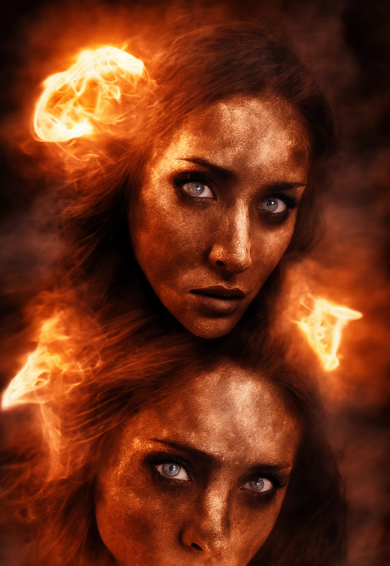 a young woman with fiery skin, isolated on a dark background, 4K resolution, ultra-detailed, photorealistic, dramatic lighting, cinematic, fantasy, digital art