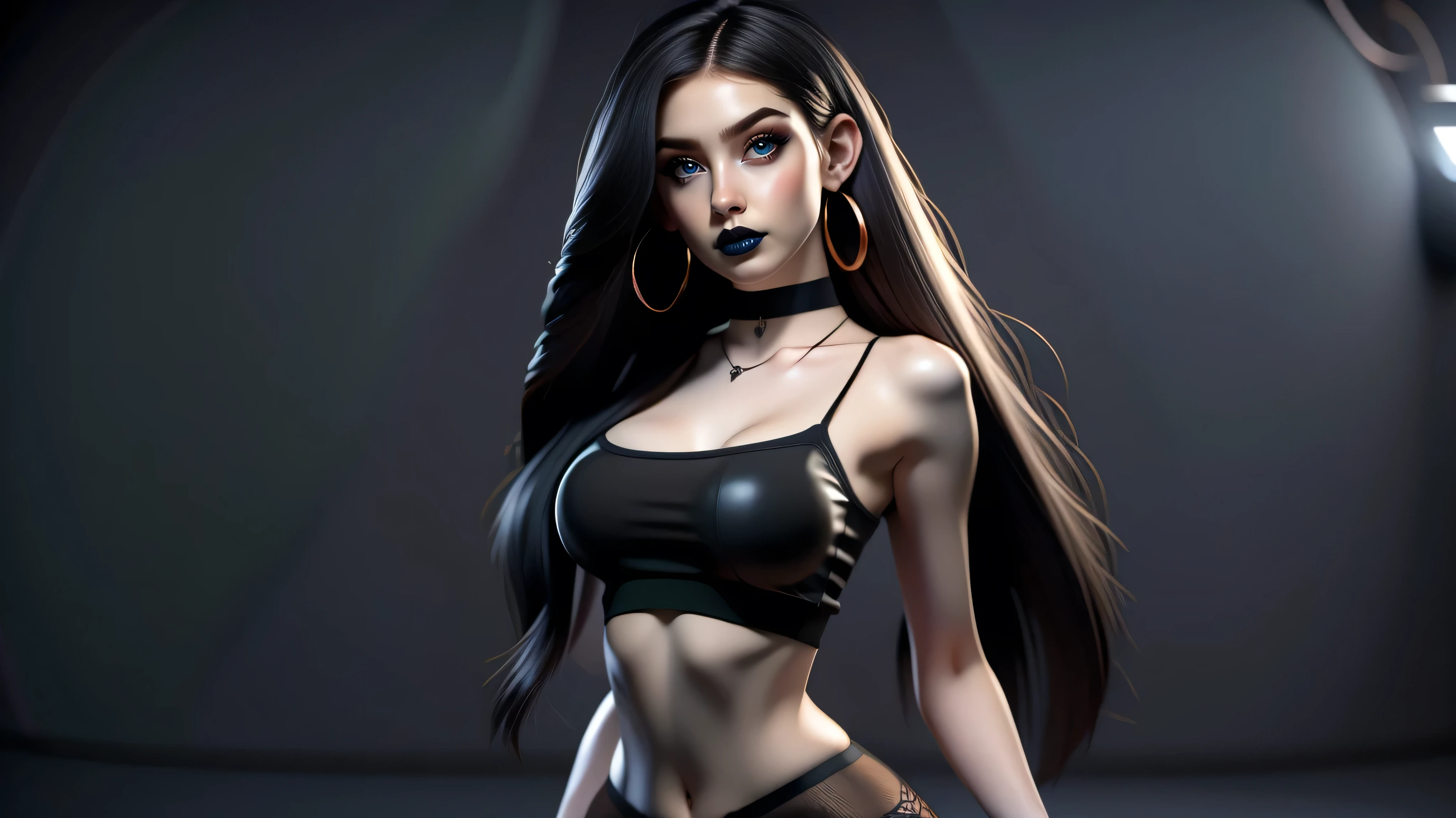 Best quality, 3d rendering work, 3DMM style, Close-up, Portrait,3D, 1girll, only, Black hair, earrings, looking at the camera, Realistic, Thin hips, Full body, thigh to head shot, ((sexy)), ((goth)), (panties), standing in front of a nightclub, city street, bangs, looks away, Long straight black hair, full lips, choker necklace, Makeup, (Green eyes), Tifa Lockhart, (round breasts, full breasts), (Medium breasts: 1.1)