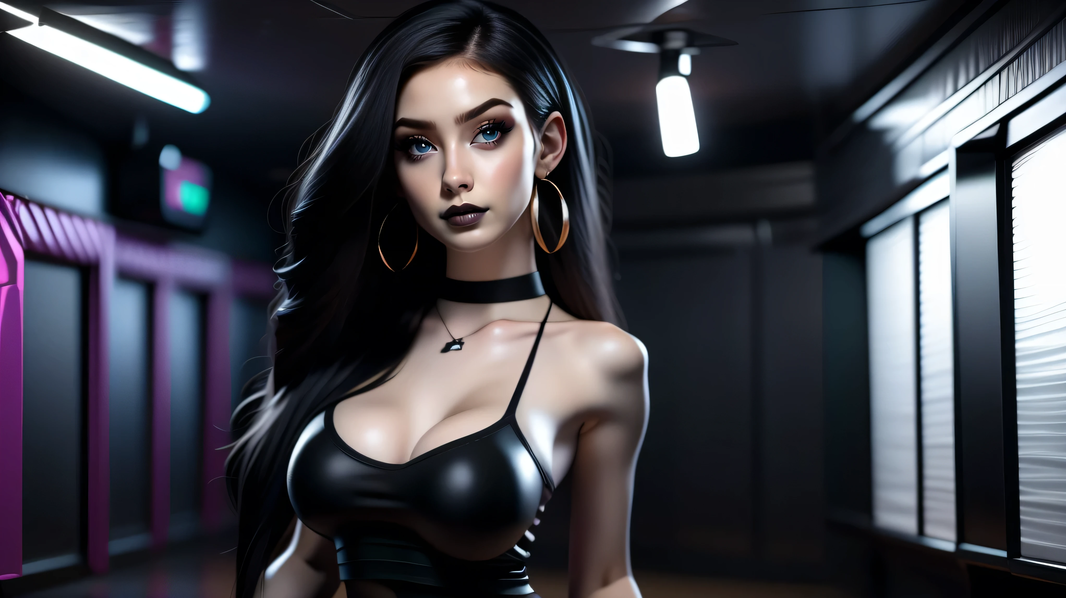 Best quality, 3d rendering work, 3DMM style, Close-up, Portrait,3D, 1girll, only, Black hair, earrings, looking at the camera, Realistic, Thin hips, Full body, thigh to head shot, ((sexy)), ((goth)), (panties), standing in front of a nightclub, city street, bangs, looks away, Long straight black hair, full lips, choker necklace, Makeup, (Green eyes), Tifa Lockhart, (round breasts, full breasts), (Medium breasts: 1.1)