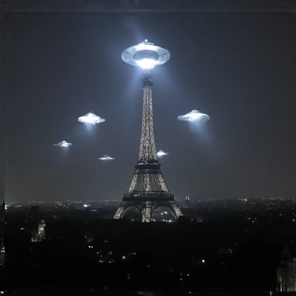 Generate a realistic image of a triangle-shaped UFO invasion flying over the Eiffel Tower in Paris. UFOs should have bright white lights at the tips and a solid, metallic appearance. The scene should look like it was captured by a low-quality camera, with some blur, grain, and noise in the image. The Eiffel Tower should be clearly recognizable, with its iconic structure and the Paris sky in the background. The lighting should be natural, as if it were during the day or at dusk, with shadows and lights that increase the realism of the scene. The image must convey a sense of urgency and mystery, as if it were a real moment of an extraordinary event.