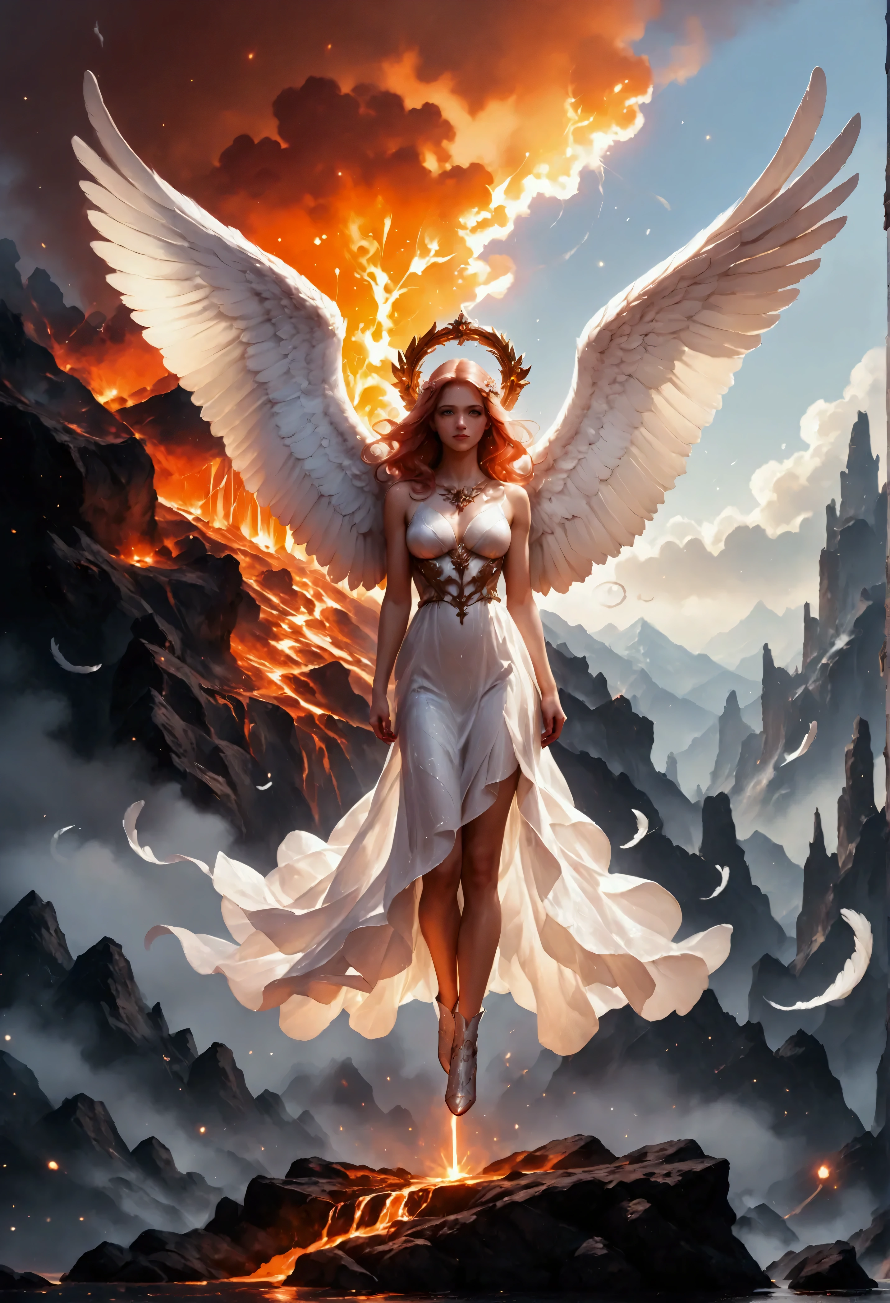 score_9, score_8_up, score_7_up, score_6_up, score_5_up, score_4_up, watercolor art of an angel flying over a volcano, full body shot,  a beautiful angel, spread  wings, dynamic hair color, dynamic hair style, busty, wearing white silk dress, intricate silk, wearing high heels boots, she is flying over the erupting volcano, watching streams of lava,  High Detail, Ultra High Quality, High Resolution, 16K Resolution, Ultra HD Pictures, Ultra Realistic, Clear Details, Realistic Detail, Ultra High Definition, Cinematic Shot, anime, angel wings